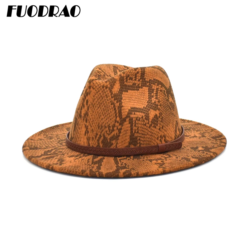 

FUODRAO New Ladies Wool Fedora Hats Men Snake Print Bowler Hat Top Hats Fashion Women Outdoor Jazz Hats F154