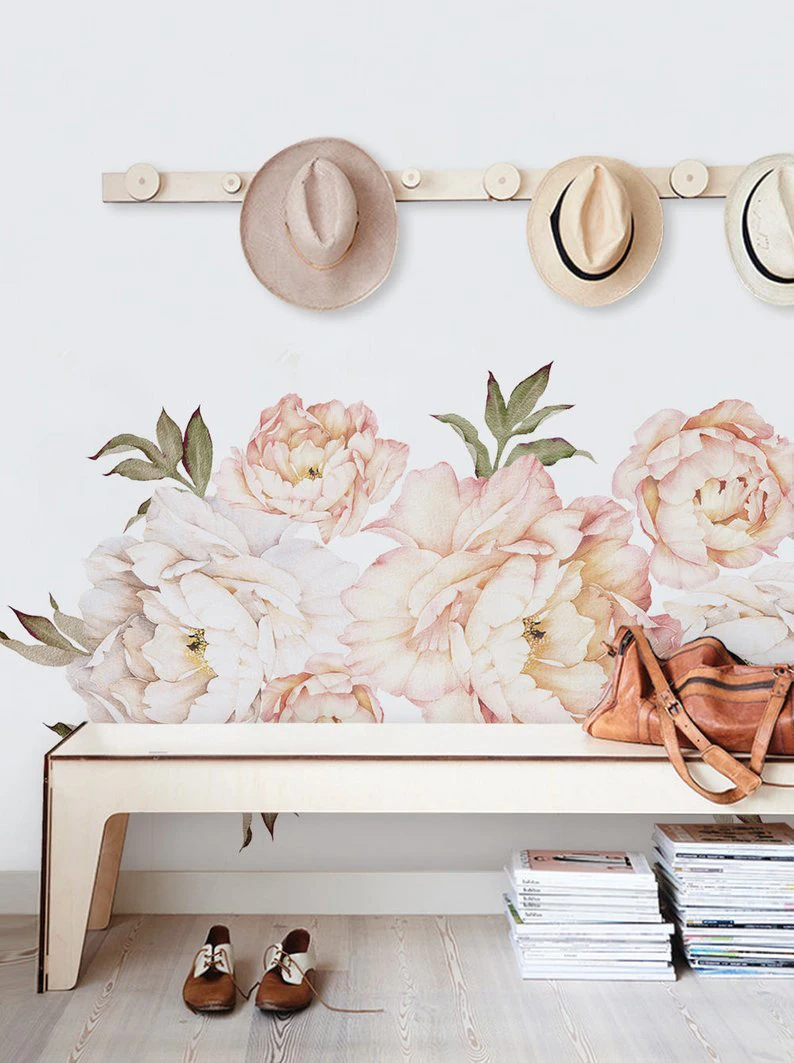 

Peony Flowers Wall Sticker Vintage Peach Watercolor Peony Wall Stickers Peel and Stick Removable Stickers Living Room Decoration