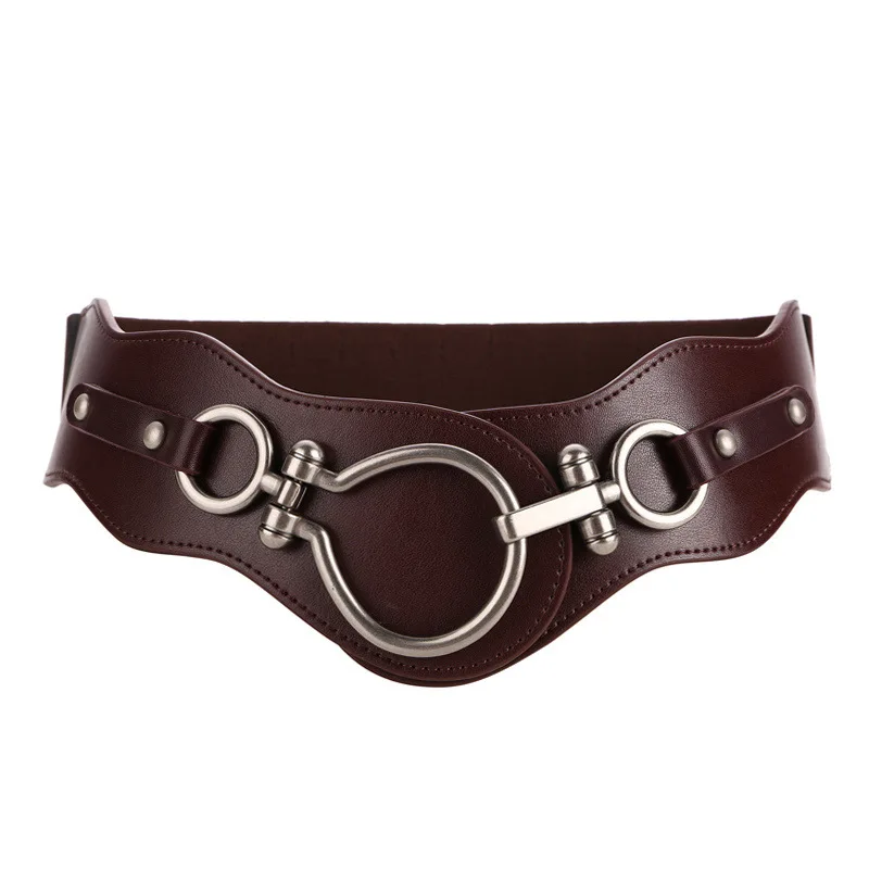 

New 2019 autumn winter punk buckle wide belt elastic patchwork leather dress belts red brown