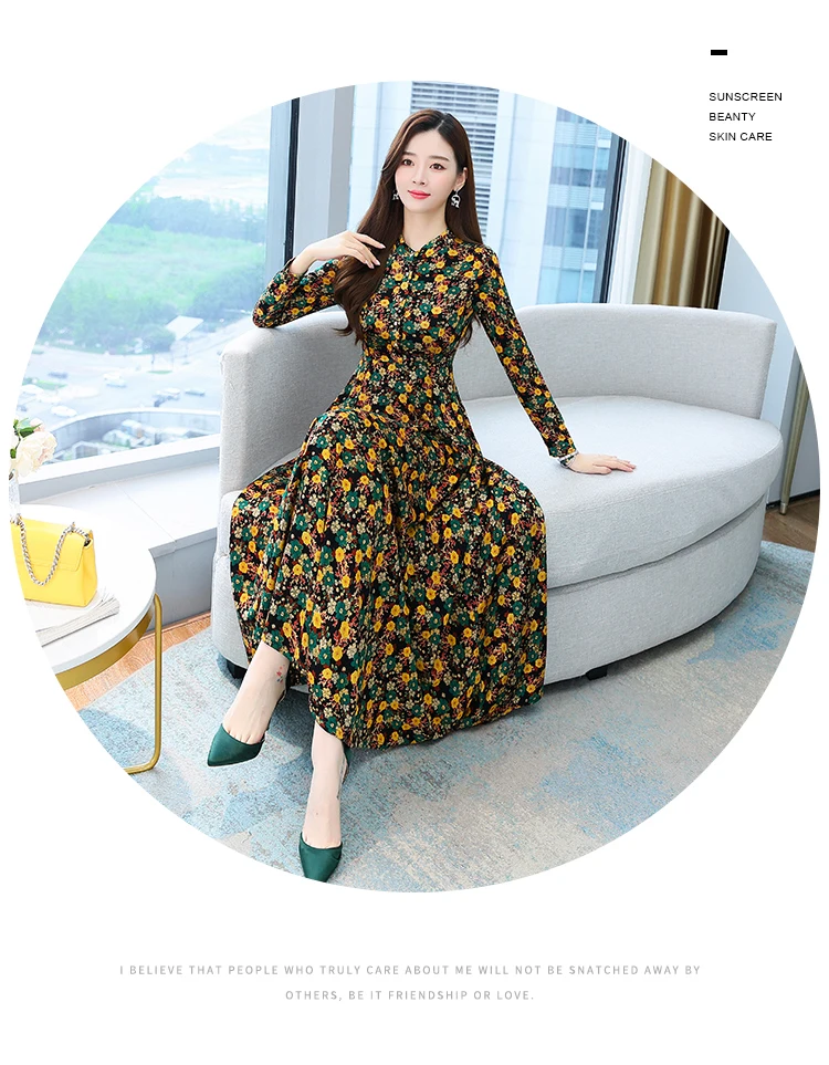 2021 Autumn New Arrival Hot Sale Stand Collar Flower Printed Long Sleeve Knitting Cotton A-LINE  Mid-Calf  Long Dress