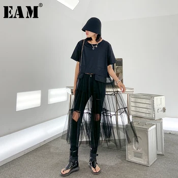 

[EAM] Women Black Hem Mesh Split Joint Big Size Long T-shirt New Round Neck Short Sleeve Fashion Tide Spring Summer 2020 1T787