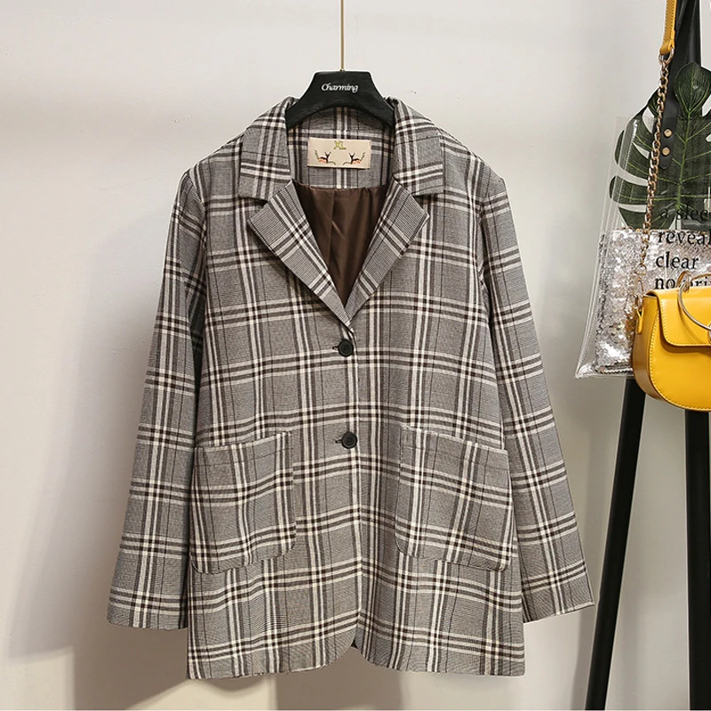 

XL-4XL Plus size Autumn Plaid Women Blazer Pocket Jackets Vintage Single Breasted Jacket Suits Coat Large Size Blazers Outerwear