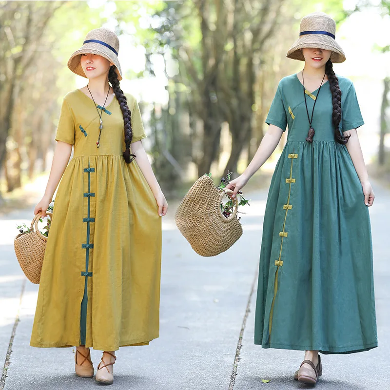 Hanfu Qipao платье традиционная китайская одежда из хлопка и льна Чонсам с v-образным