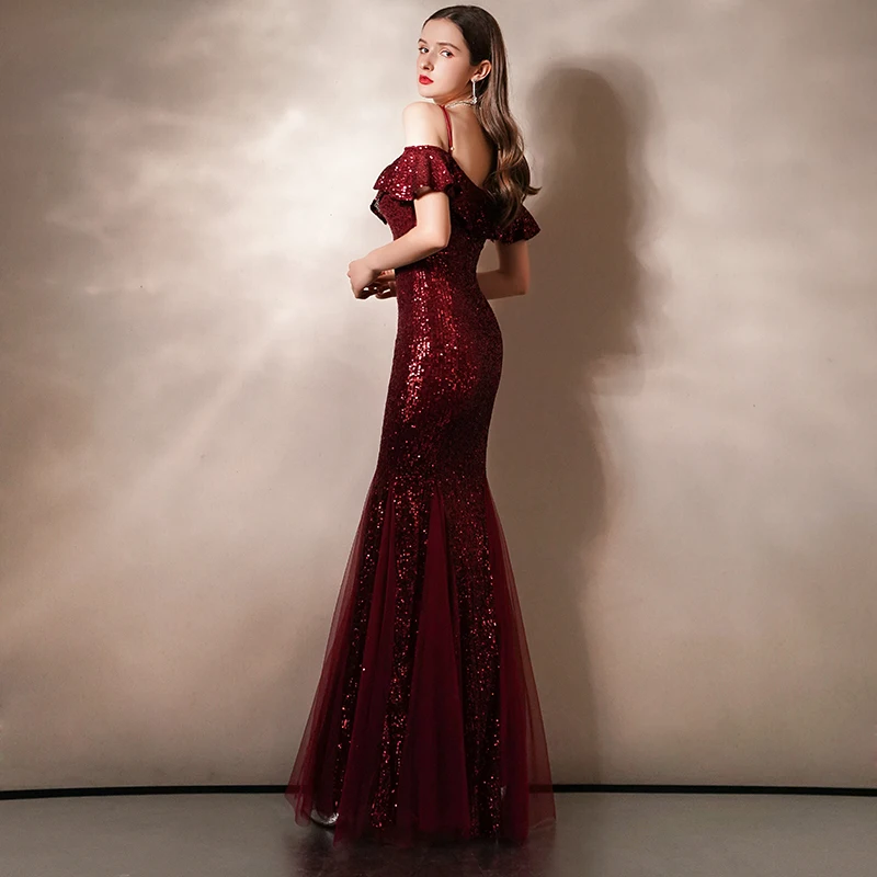Изысканное шикарное вечернее платье для вечеринки, Дамское, Qipao, элегантное, Русалочка, бургундское Платье De Soiree, сексуальное, с открытыми плечами, на бретельках, Vestidos