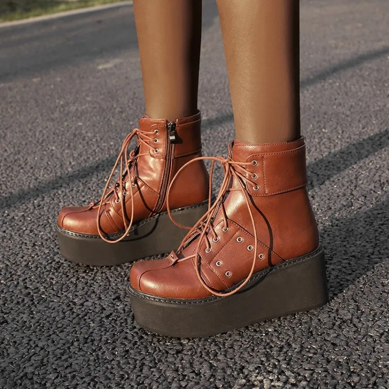 

US4-13 Womens Round Toe Platform Belt Lace Up Ankle Boots Wedge High Heel Side Zip Punk Motorcycle Gothic Shoes 3Colors Plus Sz
