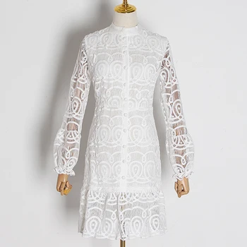 

HIGH QUALITY Newest Fashion 2020 Designer Runway Dress Women's Puff Sleeve Buttons Lace Dress