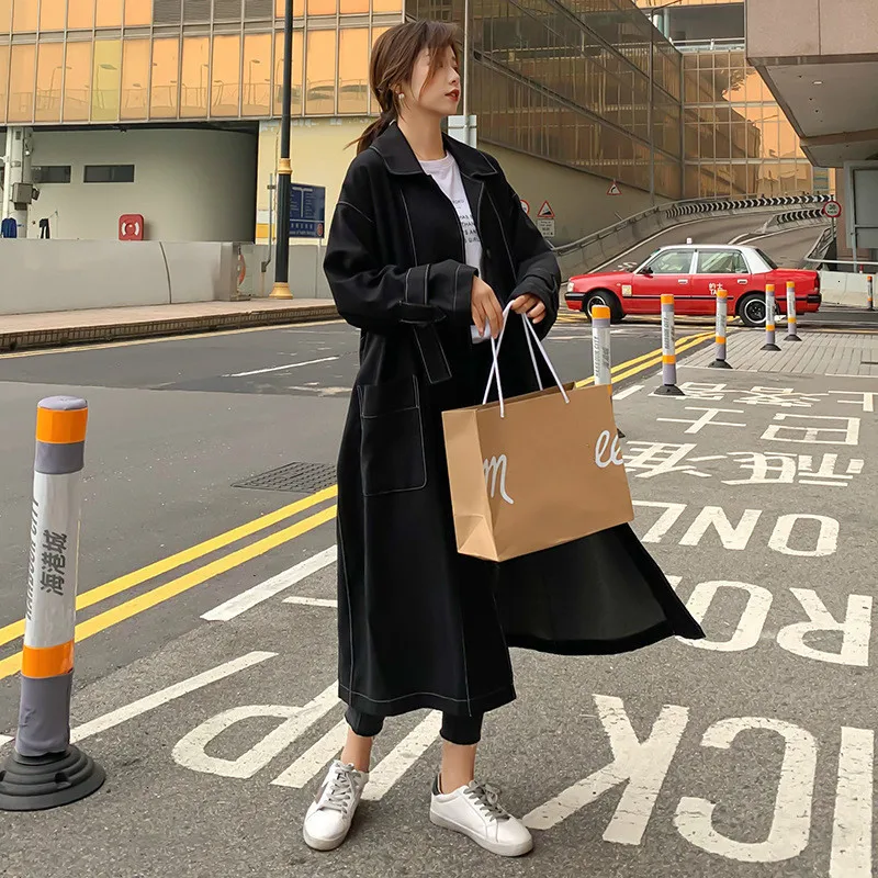 Корея осень и зима Новая повседневная модная женская Свободная однобортная однотонная ветровка с пряжкой на спине B517