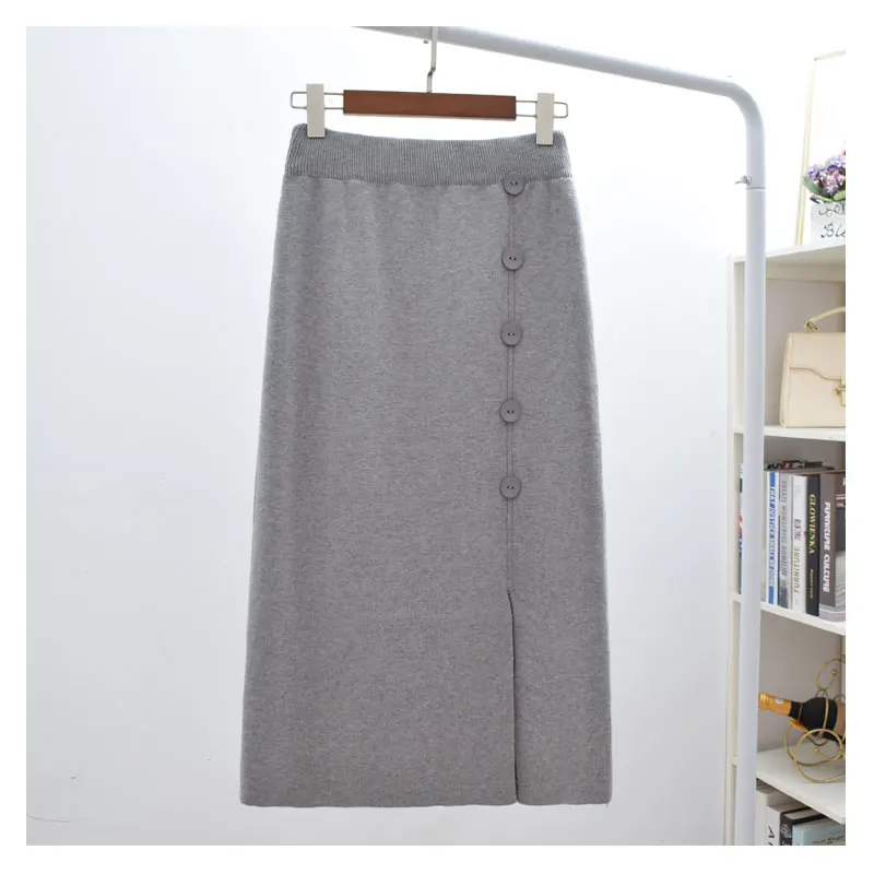 grey Винтаж тонкая на кнопках осень-зима вязанная длинная юбка миди jupe femme Bodycon Для женщин Высокая Талия Повседневное Falda элегантные Юбки-карандаши - Цвет: grey