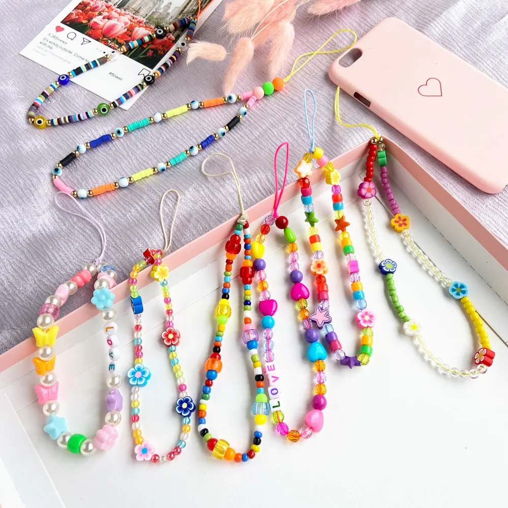kissme Beaded Colorful Fruity Clay Polymer Heishi Beads Cell Mobile Phone Straps Chain Accessory Long Charm Bracelet Pastel Cord |