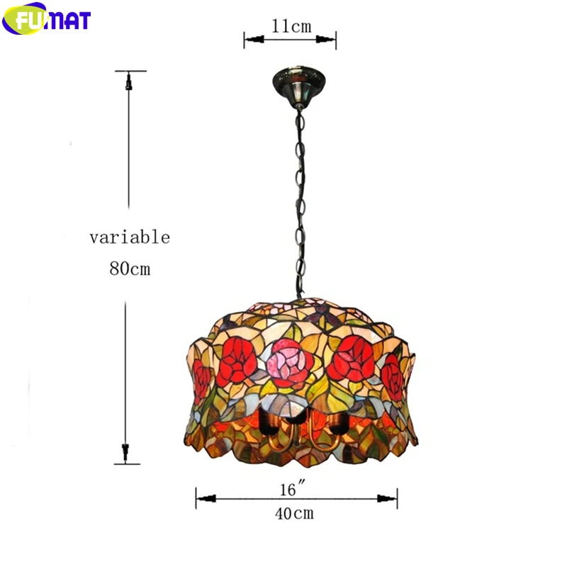 FUMAT Tiffany Style Pendant Lamp 3D Solid  Red Rose Stained Glass Light Handcraft Arts Hanging Light Fixture 8001
