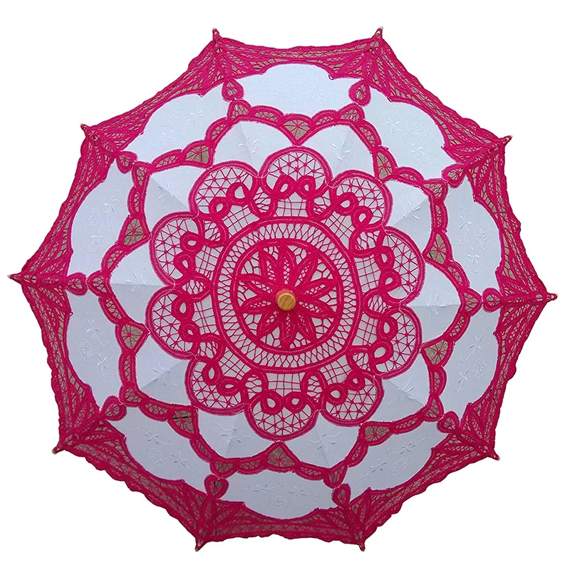 rose and white Вышитый кружевной зонтик для невесты, черный, красный, белый Хлопковый зонт для невесты с деревянной ручкой, свадебный декоративный зонтик - Цвет: rose and white