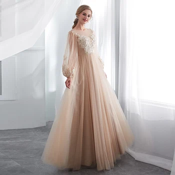 

Alagirs 2020 Graceful Lace Champagne Wedding Dresses Applique Long Puff Sleeve Bridal Dress Scoop Wedding Gown vestidos de noiva