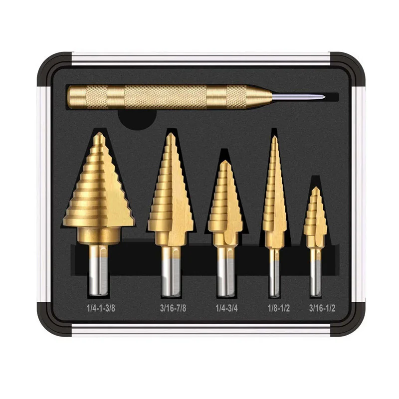 

6pcs HSS Titanium Coated Step Drill Bit With Center Punch Drill Set Hole Cutter Drilling Tool Kit Set of Tools Step Drill Box