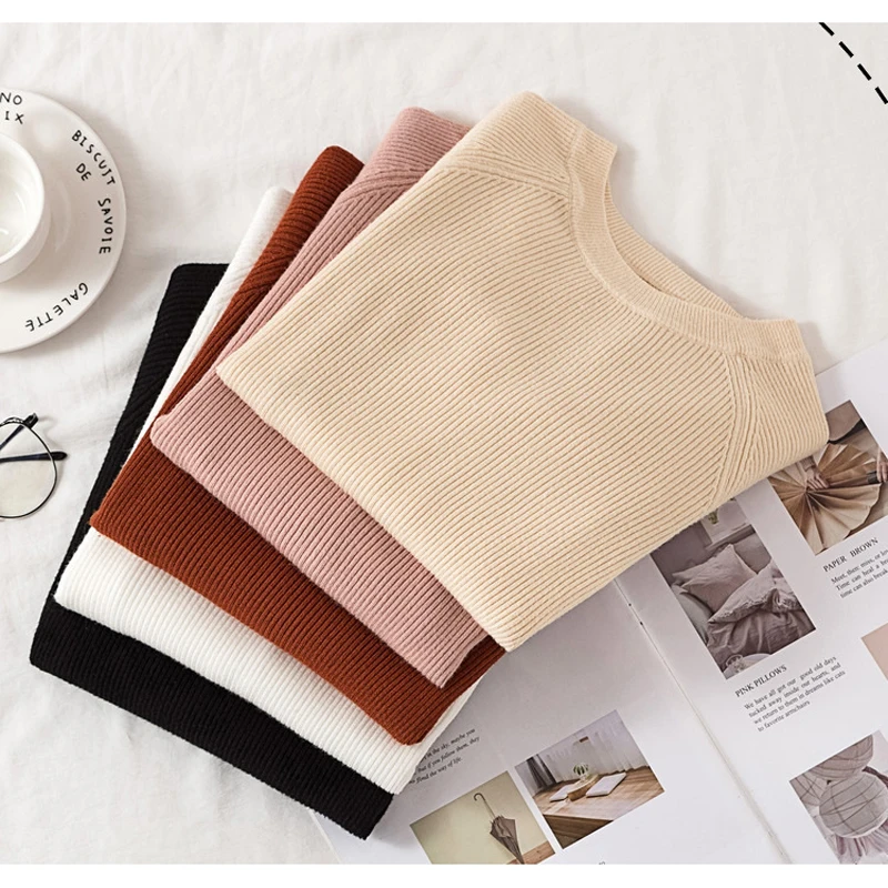 

High Elastic Winter Sweater Women Long Sleeve O-Neck Solid Basic Tops Female Soft Pullover Girls Knitwear Textured Sweaters Lady