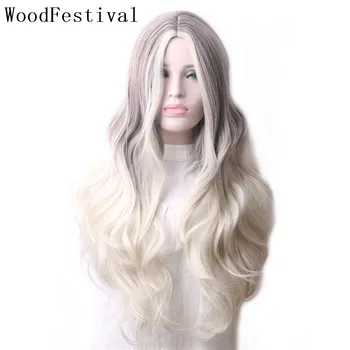 

WoodFestival Women's Heat Resistant Synthetic Wig Female Wavy Ombre Blonde Pink Black Red Blue Long Cosplay Hair wigs for Women