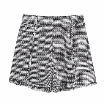 

Autumn 2019 women's new high waist burr trim layer short twill soft tweed short 06416259064