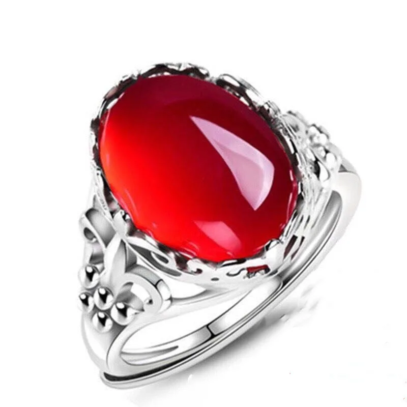 Finger ring Silver ring Adjustable rings Opening ring 925 Silver Plated Natural Chalcedony Red Agate Ring