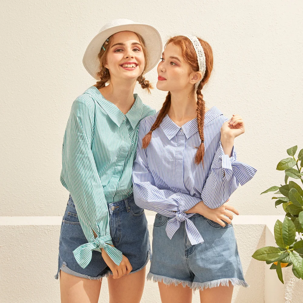 Goedkoop Metersbonwe 2019 Vrouwen Gestreepte Blouse Lange Mouw Blouse Revers Vierkante Kraag Shirts Casual Office Tops Losse Blouses