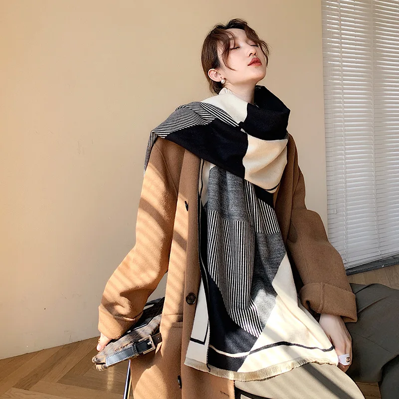 

2020 Autumn and Winter New Korean Geometric Striped Scarf Women's Warm Padded Shawl Dual-Purpose Cashmere Shawl Scarf