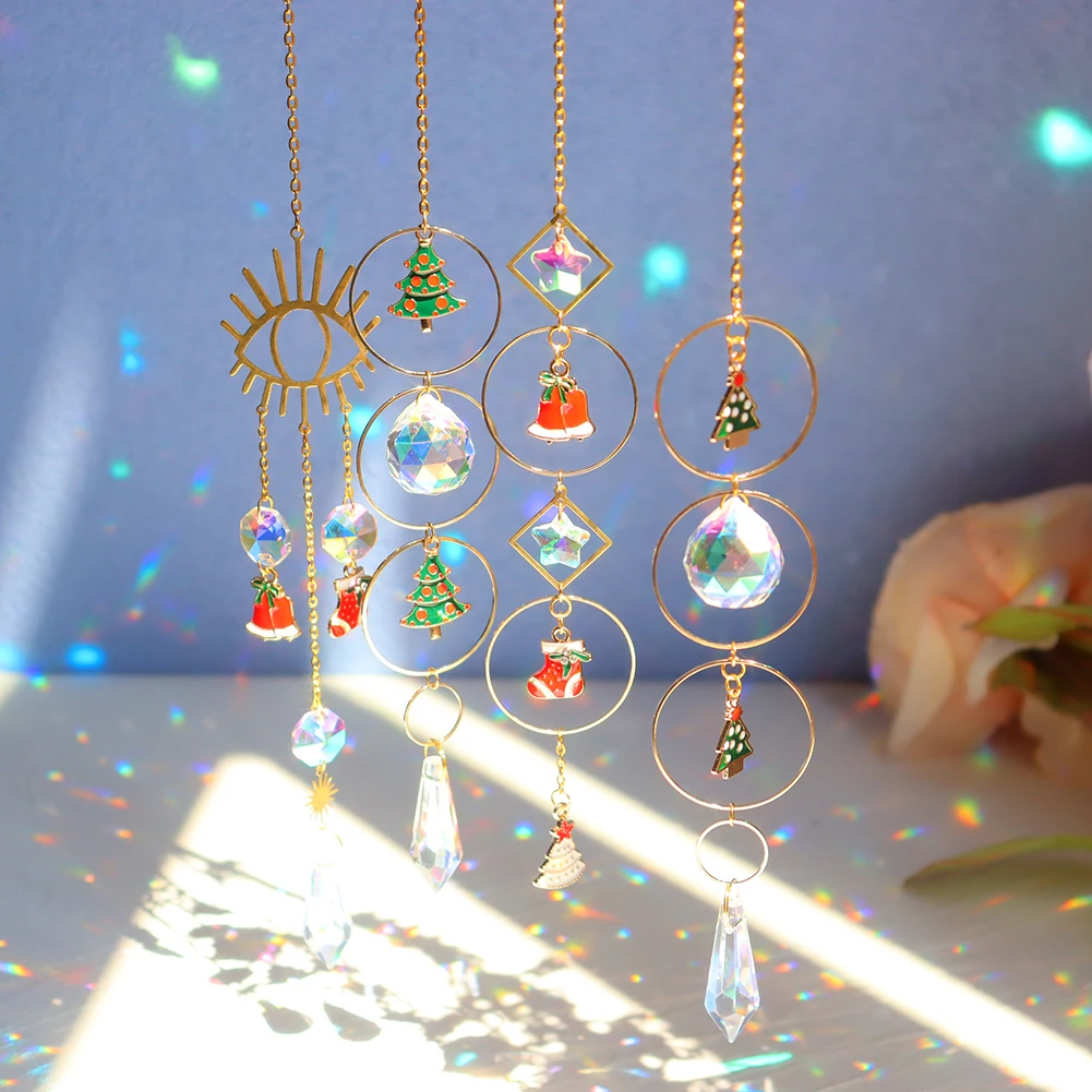 Crystal Wind Chime Christmas Pendant Dream catcher Plated Colorful Beads Hanging Drop for Outdoor Indoor Garden