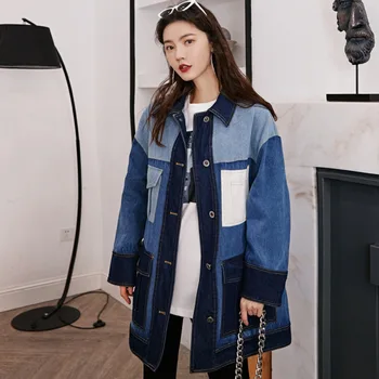 

LANMREM 2020 turn-down collar full sleeves contrast colors washed denim navy blue loose wide spring jacket WL06705M