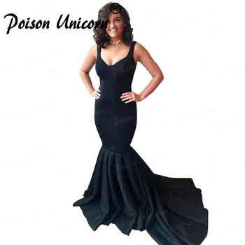 

Elegant Black Satin Mermaid Evening Dresses 2020 V Neck Sleeveless Ruched Concise Backless Formal Evening Prom Gown Sweep Train