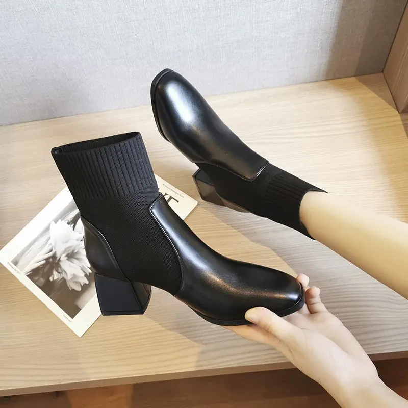 Square Heel Boots Women Fashion Ankle Boots Thick Heel Short Boots Women Stretch Fabric tube boots female women shoes