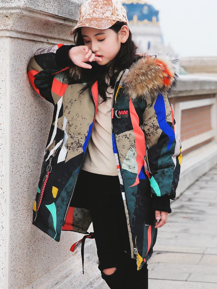 

2019 Winter Coat With Real Fur Camouflage White Duck Down Jackets -30 Warm Thick Down Parkas Outwear Toddler Girls Witer Coat 12