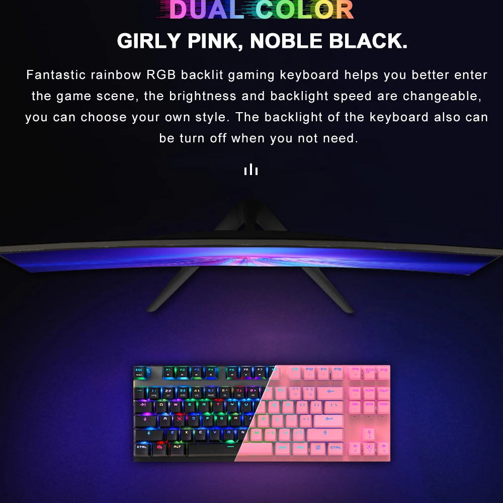 Motospeed CK82 RGB Mechanical Keyboard 87 Keys Mix LED Backlight Anti-Ghosting USB Wired Gaming Keyboard For PC Computer Gamer