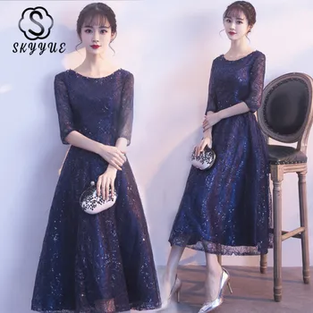 

Skyyue Navy Blue Evening Dress FR460 A-Line Ankle-Length Robe De Soiree Sequined Formal Dresses O-Neck Half Sleeve Party Gown