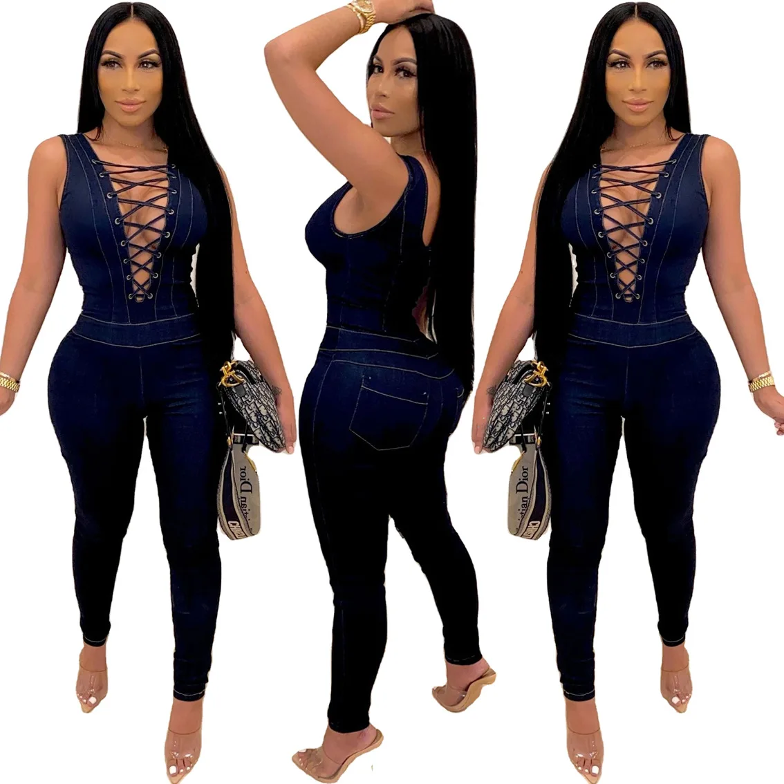 

Sexy Hollow Out Deep V-Neck Backless Bandage Jumpsuit Women Fashion Lace Up Sleeveless Bodycon Jeans Jumpsuit Party Club Outfits