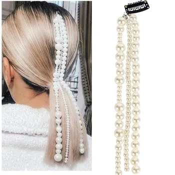 Find Me Imitation Pearl Hair Chain New Fashion Hair Jewelry Long Alloy Chains For Women Exaggerated Headwear Accessories 5