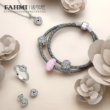 

FAHMI 100% 925 Sterling Silver 1:1 SPARKLING LOVE KNOT EARRING STUDS Ring Charm Beads Necklace DOUBLE WOVEN LEATHER BRACELET Set