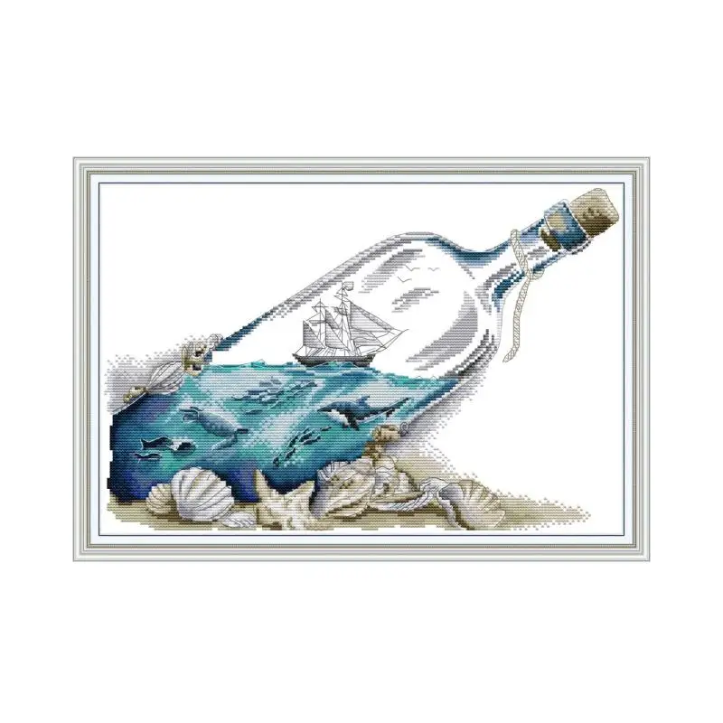 Sea In A Bottle Scenery Painting Counted Cross-stitch Kits Sale 14CT Printed Canvas DIY for Needlework Sets for Embroidery Kit