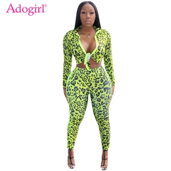 

Adogirl Leopard Newspaper Print Women Two Piece Set Front Tie Long Sleeve Shirt Crop Top Pencil Pants Female Sexy Club Suits