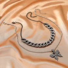  Wgoud Multilayer Chains Crystal Rhinestone Butterfly Pendant Nekclace for Women Elegant Holiday Charm Animal Jewelry Gift 
