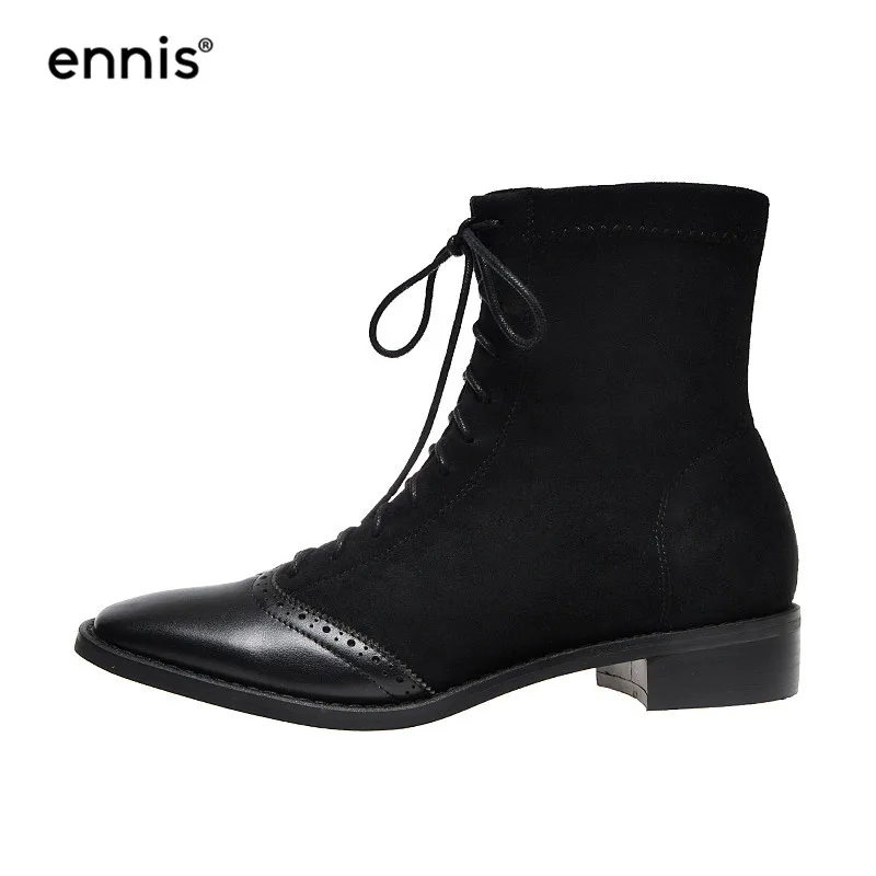 ENNIS/осенне-зимние ботинки; броги; женские ботинки из натуральной кожи; растягивающиеся ботильоны из искусственной замши на Плоском Каблуке; обувь на шнуровке; Новинка; A9347 - Цвет: Black