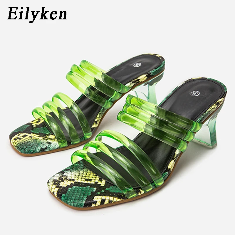 Green Eilyken/Модные прозрачные резиновые босоножки из ПВХ зеленого змеиного цвета; женские шлепанцы без задника с прозрачными узкими ремешками и прозрачными каблуками; летняя пляжная обувь - Цвет: Green