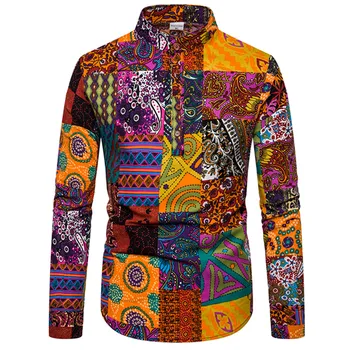 

Spring Autumn Fashion New Men's Casual Printed Long Sleeve Flower Shirt / Men's Slim Stand Collar Printed Pullover Polo Shirt