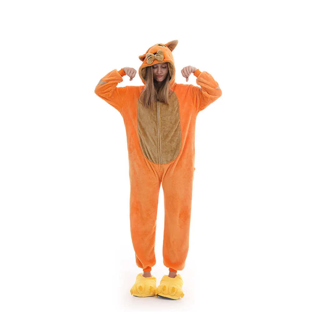 Полярный флис Полуночный Кот кигуруми животных Onesie взрослых Оранжевый зимние пижамы вечерние Косплей унисекс пижамы Хэллоуин костюм