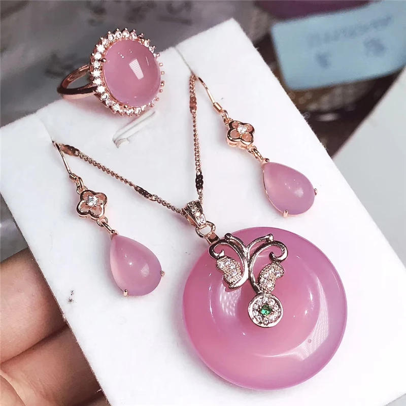 Jadery 925 пробы Серебряное ожерелье/серьги/кольцо Круглый натуральный желтый топаз нефрит ювелирные наборы для женщин ювелирные изделия Прямая поставка - Цвет камня: Pink