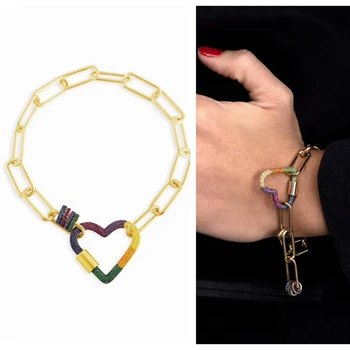 

New Solid 925 Sterling Silver Rainbow Love Heart Charm Cuff Bracelet Women Paved Multi color Zircon Stone Moving Circle Chain
