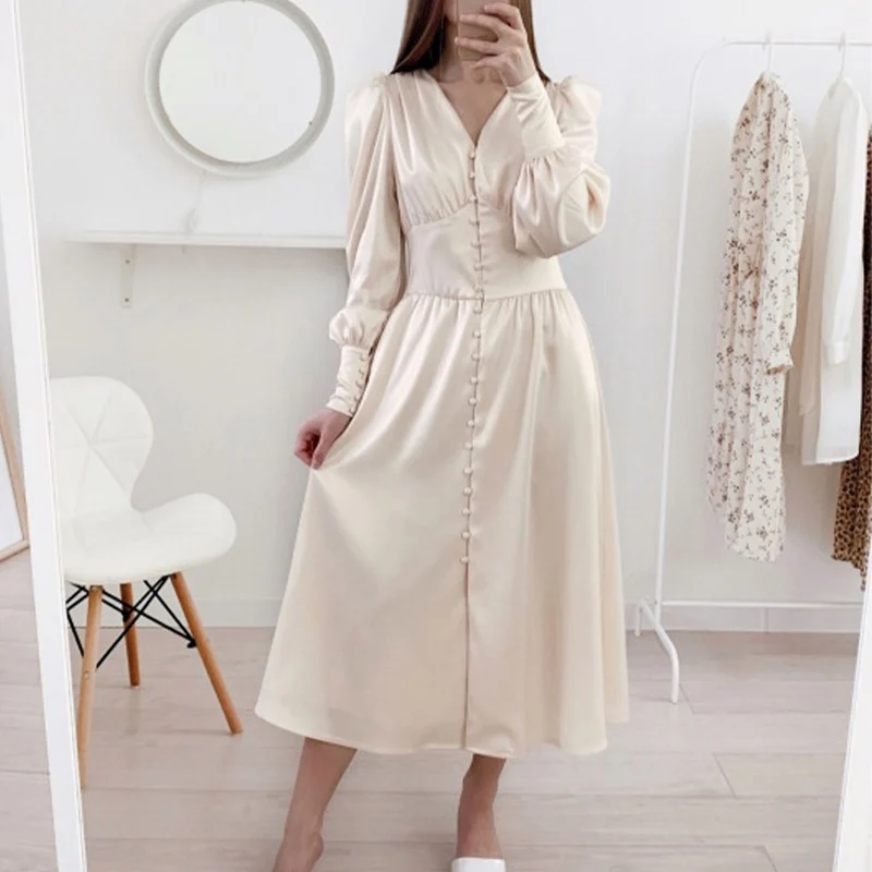 Satin Prom Women's Long Dress For Party Lantern Sleeve A Line High Waist Slim Elegant Dresses 2021 Clothes New Year Ball Evening