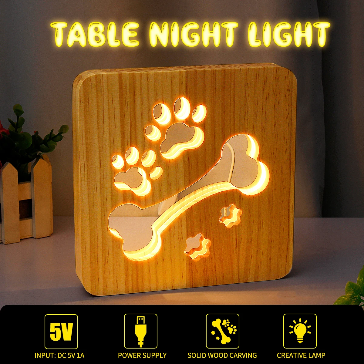 

3D Wooden LED Night Light USB Powered Desk Light Table Lamp Hollow Out Nightlight Home Bedroom Decoration Indoor Lighting