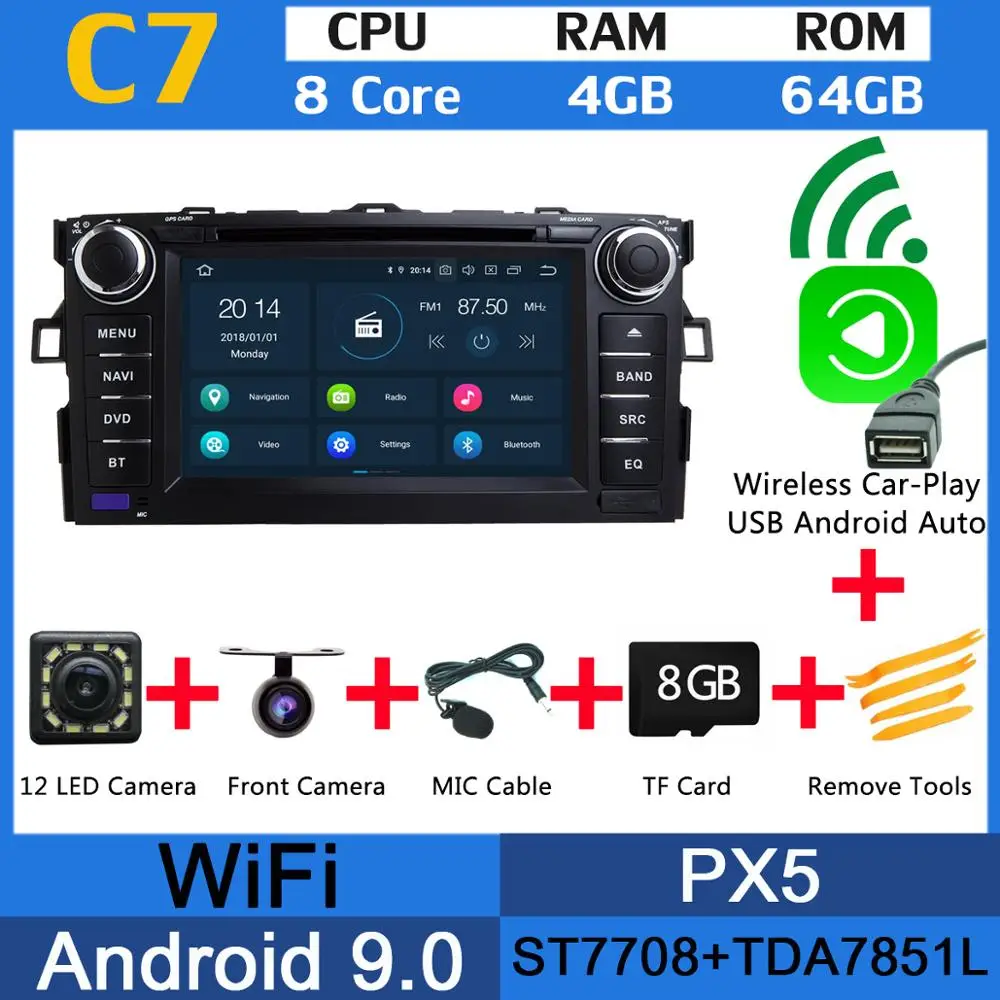 " PX6 4G+ 64G Android 9,0 для Toyota Auris 2006 2007 2008 2009 2010 2011 Автомобильный DVD Радио gps навигации DSP CarPlay - Цвет: PX5 Wireless CarPlay