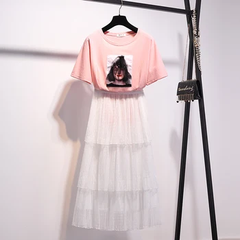 

2020 Summer Two Piece Set Women New High Street Appliques Cotton Tshirt + High Waist Midi Skirt Suit Mesh Outfits