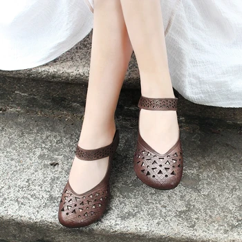 

Xiangban Handmade Leather Shoes Woman Sandals Thick Heel Hollow Ankle wrap Summer Female Shoes Hook & Loop