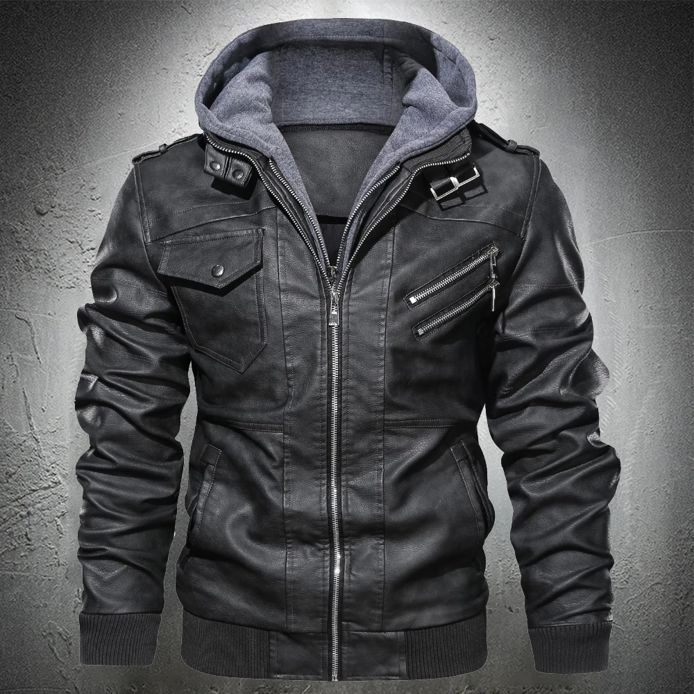 Chaqueta de cuero con capucha para hombre, chaqueta de piel sintética estilo Punk, informal, para otoño