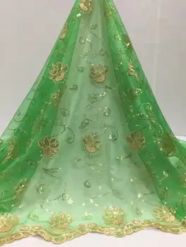 

2019 Latest French Tulle Lace Fabric High Quality African Lace Fabric Green Gold Sequins Lace Fabric For Nigerian Lace Fabric
