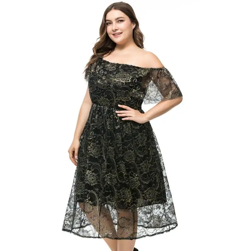 

Plus Size Off Shoulder Lace Evening Party Dress 5XL 6XL Slash Neck Women Casual Floral Dress Black Large Size Tunic Long Dresses